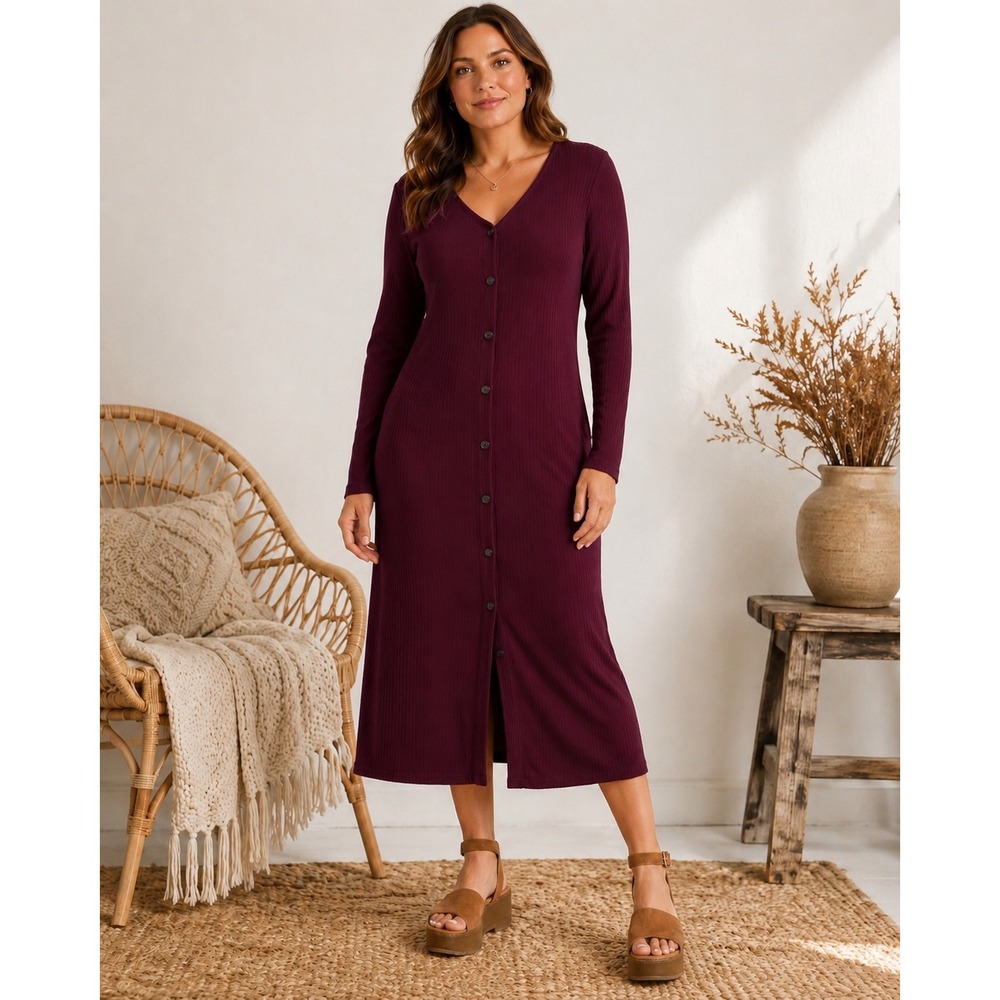 New Old Navy Womans Large Cardigan Dress Ribbed Button‎ Front Maroon Long Sleeve